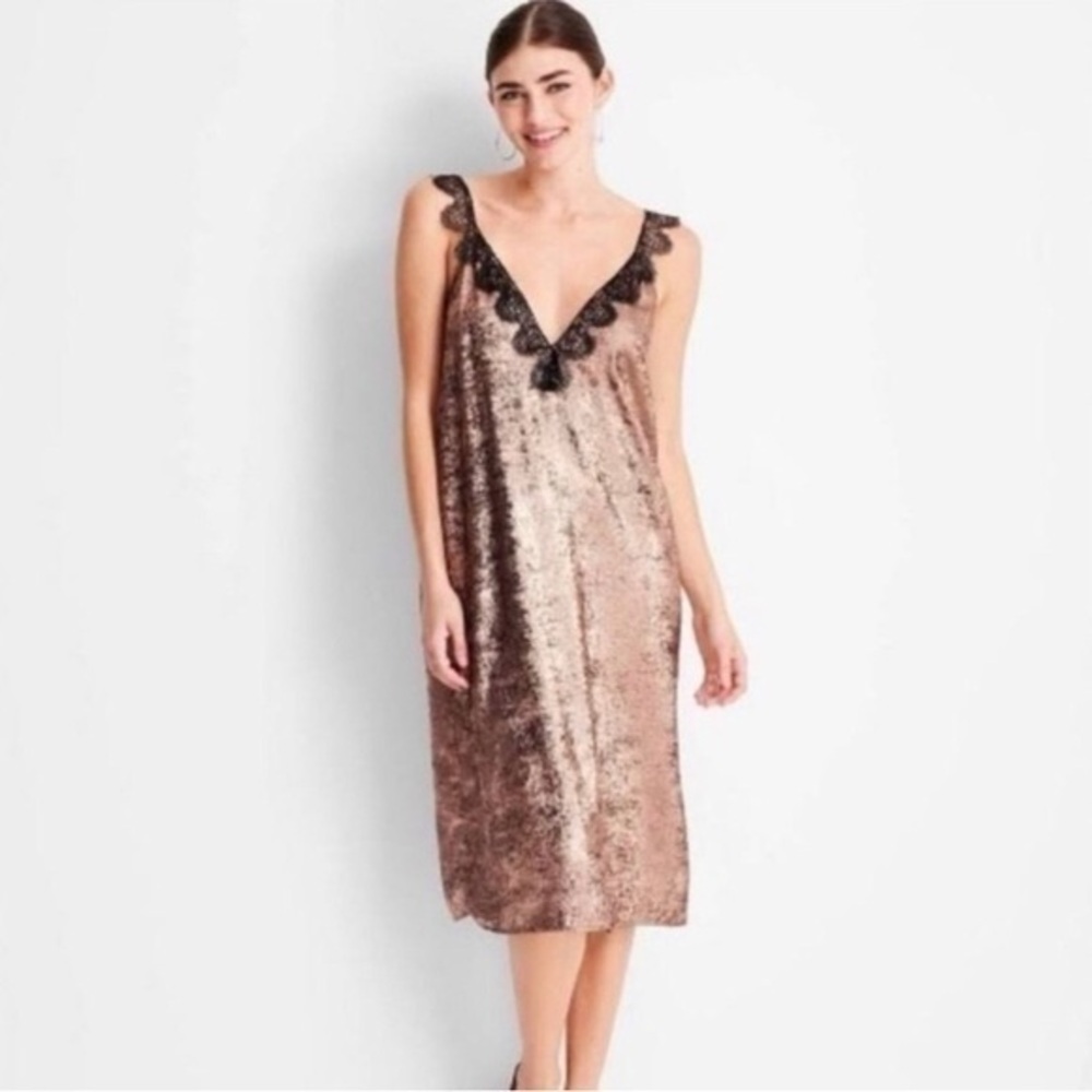 Future Collective Metallic Gold Foil Black Lace Trim Chemise Slip Women’s XXS